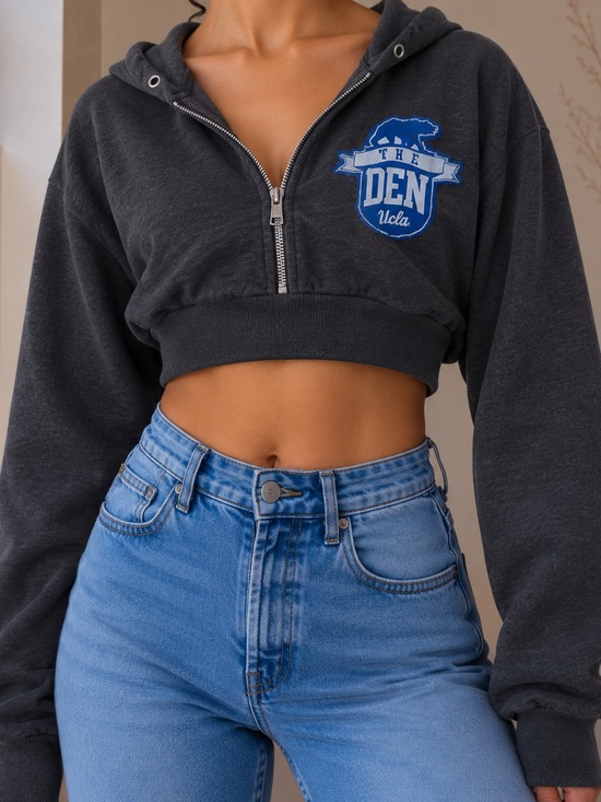 Tops - Cropped UCLA Zip Hoodie - Charcoal with Blue Logo